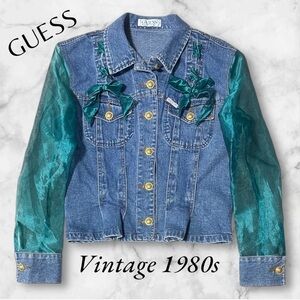 Vintage 1980s GUESS Mesh Green Sleeve & Bow Detail Gold Button Blue Denim Jacket